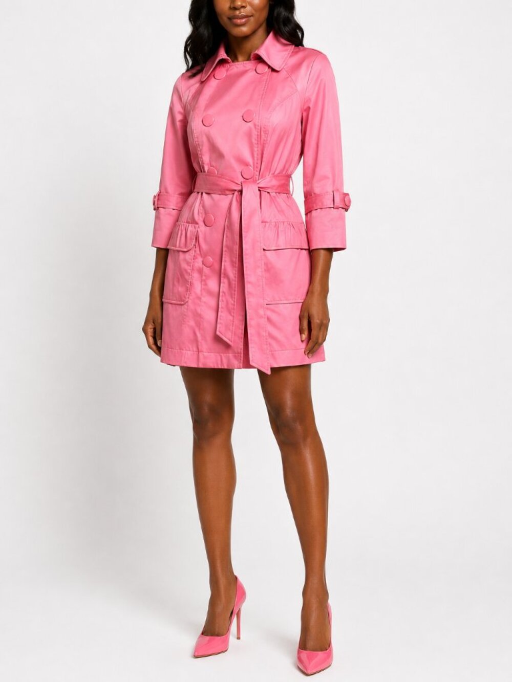 INC Y2K Hot Pink Double Breasted Trench Coat Oversized Buttons Belted Medium M